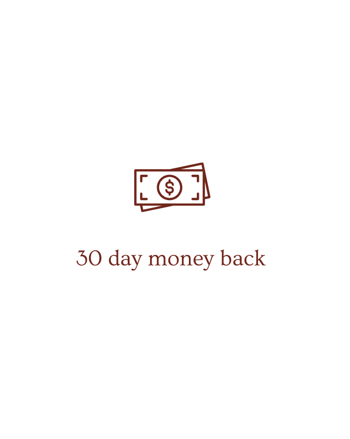 Text '30 day money back' with a dollar bill icon on a white background